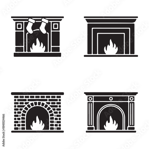 Cozy fireplace home interior warm burning rustic wood silhouette vector illustration