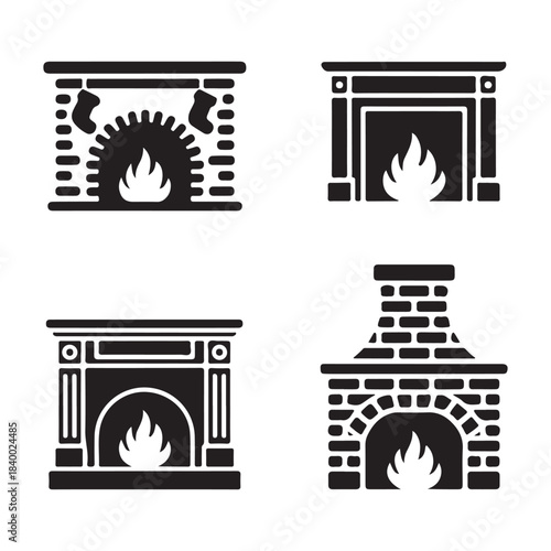 Home fireplace cozy interior warm winter burning flame silhouette vector illustration