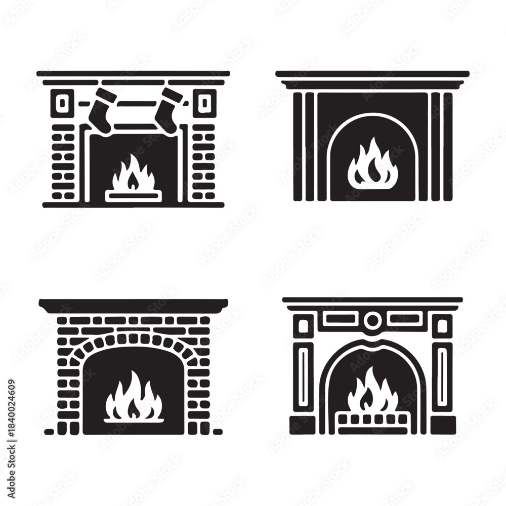 Fototapeta premium Glowing fireplace cozy warm winter home brick stone silhouette vector graphic