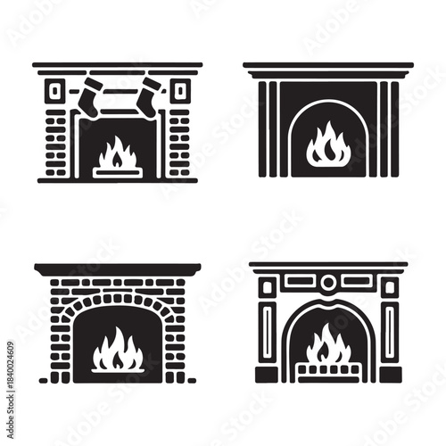 Glowing fireplace cozy warm winter home brick stone silhouette vector graphic