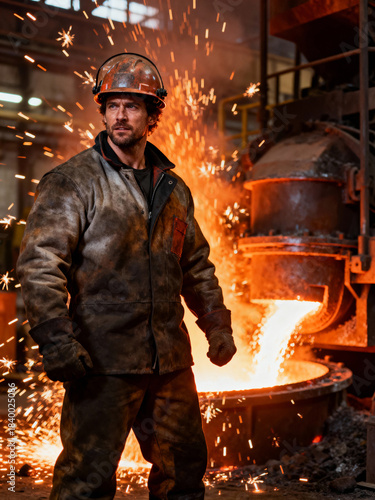 A worker wearing a helmet and heavy coat stands confidently near a furnace pouring molten metal in a bustling steel mill. Sparks light up the dark surroundings