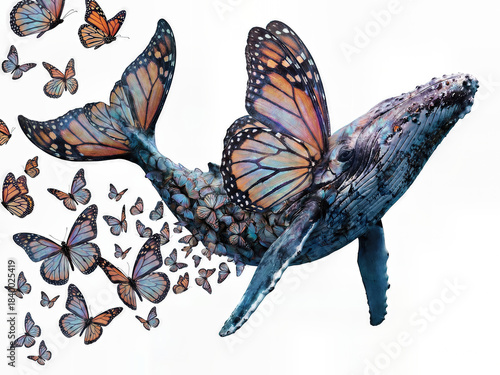 Humpback Whale with Butterfly Elements and Surrounding Butterflies