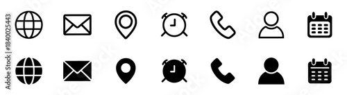 Set of Email, Phone, Location, Time, Clock, Date, Calendar icons. Web and contact icon set. simple black style symbol sign for apps and website, vector illustration.