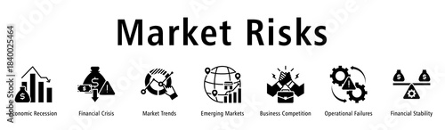 Market Risks banner illustrating recession, crisis, trends, markets, competition, failures, and stability.