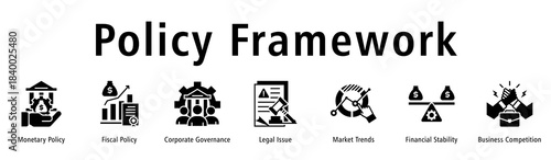 Policy Framework banner covering monetary and fiscal dynamics, governance principles, legal aspects, trends, stability, and competition.