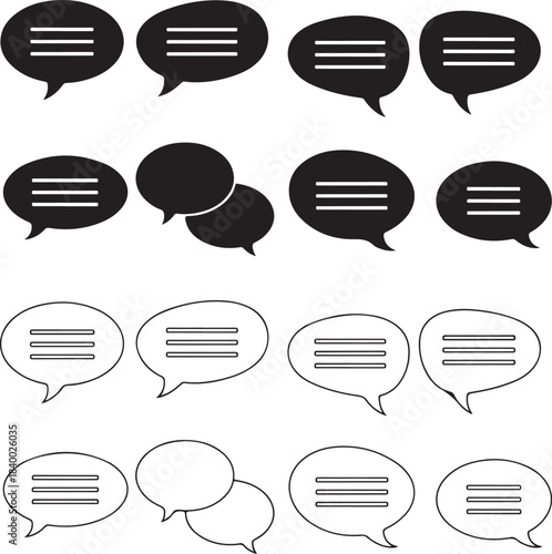 Collection of black and white speech bubble icons representing communication, messages, and conversation elements