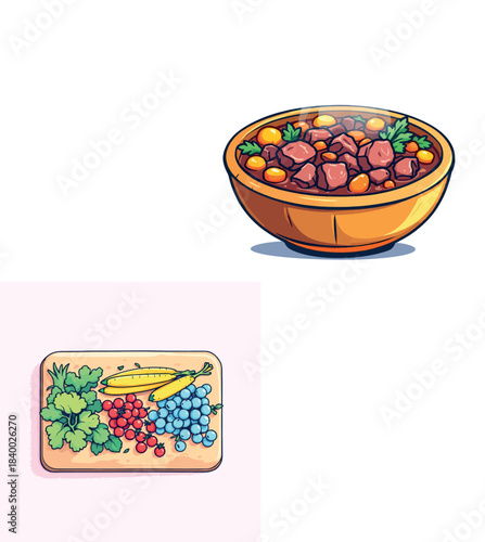 Vsai stew with ingredients on cutting board cartoon illustration
