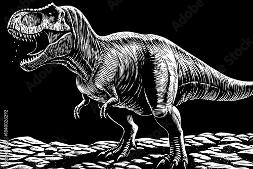 black and white sketch of a roaring T-Rex standing on rocky terrain, emphasizing raw prehistoric power and dramatic anatomical structure