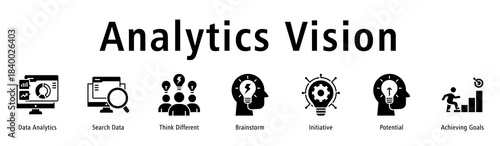 Banner highlighting data analytics supported by searching, ideas, initiative, potential and goals.