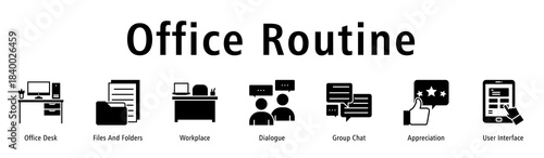 Banner showing daily office routines through desks, files, dialogues, chats and UI.