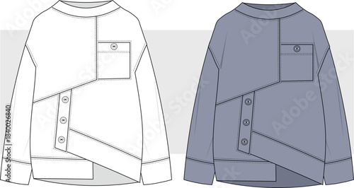 Unisex asymmetric  sweatshirt fashion technical drawing, illustration. Oversize sweatshirt sweater vector, CAD, Mockup.
