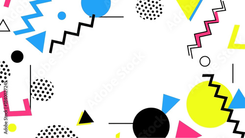 Vibrant Memphis style background with geometric shapes and patterns.