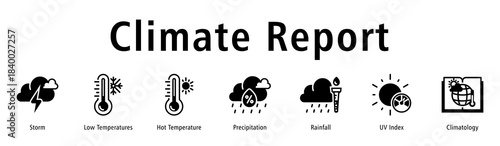 Climate Report web banner icon vector illustration with icons of Storm, Low Temperatures, Hot Temperature, Precipitation, Rainfall, UV Index, and Climatology.
