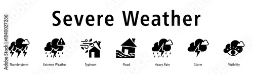 Severe Weather web banner icon vector illustration with icons of Thunderstorm, Extreme Weather, Typhoon, Flood, Heavy Rain, Storm, and Visibility.