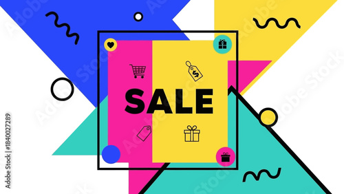 Bold Sale Announcement with Shopping Icons and Geometric Shapes.