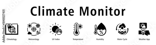 Climate Monitor web banner icon vector illustration with icons of Climatology, Meteorology, UV Index, Temperature, Humidity, Water Cycle, and Weather App.