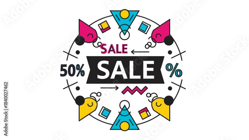 Colorful sale badge with fifty percent discount promotion for retail shopping.