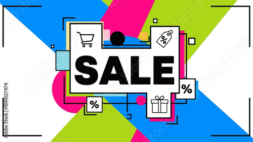 Sale promotion banner with shopping cart, price tag, and gift box icons.