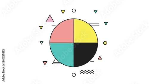 Colorful Four Section Pie Chart with Geometric Elements.
