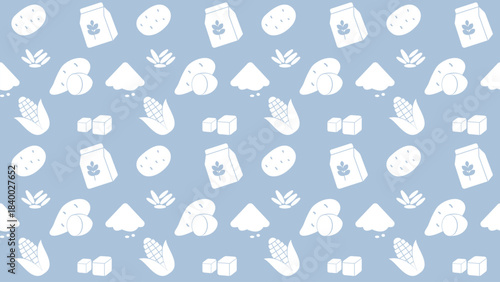 Repeating pattern of carbohydrate food ingredients in white icons over a soft blue background, featuring flour bags, potatoes, corn, sugar cubes, rice mounds