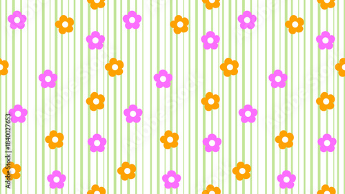 A cheerful floral pattern featuring simple orange and pink flowers scattered evenly across a white background with vertical green stripes, suitable for decorative or textile use