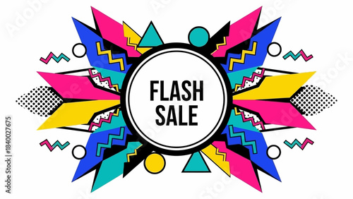 Flash Sale Banner with Vibrant Geometric Shapes and Memphis Style Design.