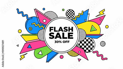 Flash sale promotion with geometric shapes and vibrant colors.