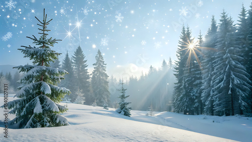 winter forest landscape, Snow-covered pine forest with sunlight breaking through the branches, sparkling frost particles in the air, serene winter landscape