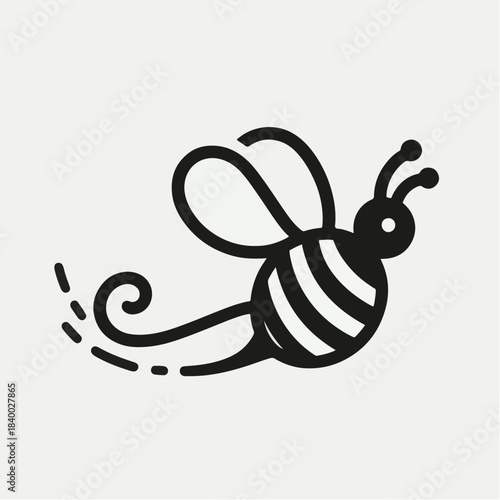 Black and white illustration of a flying bee with striped body.