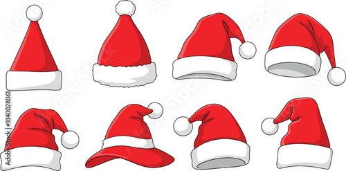 Vector Collection of Eight Red and White Santa Claus Hats in Various Styles, Ideal for Christmas, Holiday Celebration, Winter Fun, Seasonal Apparel, and Festive Design Concepts