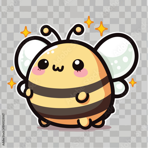 Cute cartoon bee with big eyes and wings smiling happily.