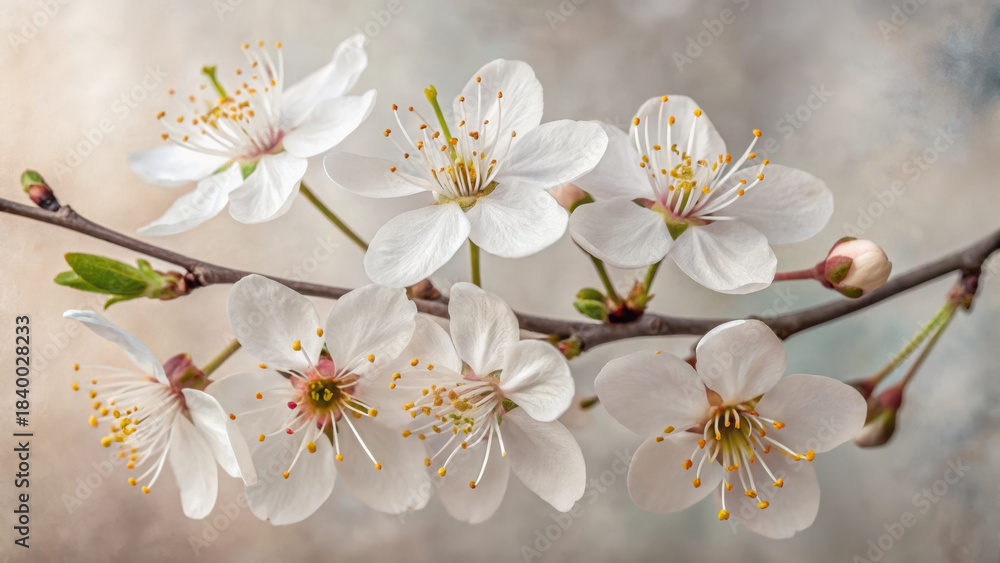Obraz premium Spring botanical engraving style. Delicate white cherry blossoms on branch evoke sense of springtime elegance