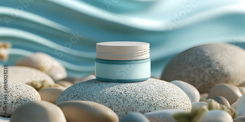 Facial Cream Jar Mockup on Stylized Pebble Base with Ambient Lighting