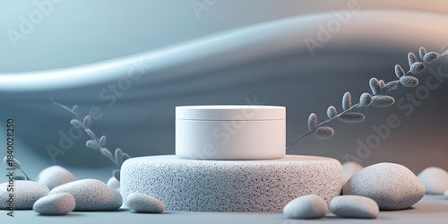 Facial Cream Jar Mockup on Stylized Pebble Base with Ambient Lighting