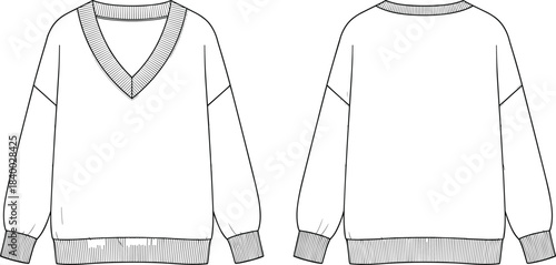 Women's Oversized V-Neck Sweatshirt Fashion Flat Sketch Vector Illustration for Technical CAD Drawing and Apparel Design Template Mockup.