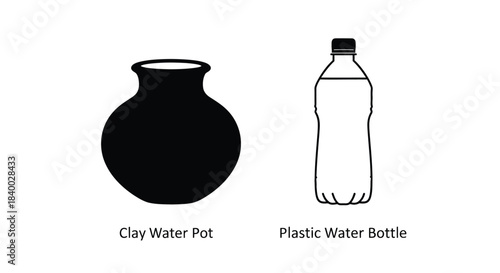 Simple depiction of a traditional clay pot and a modern plastic bottle