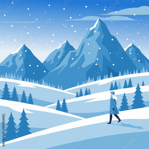 A solitary person walks through a serene, snow-covered mountain landscape during a gentle snowfall.