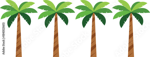 Vector collection of four stylized green and brown palm trees with textured trunks, perfect for tropical, summer, beach, vacation, and exotic landscape designs