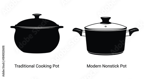 A comparison of traditional and modern cooking pots in black and white