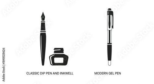 A comparison of classic dip pens inkwells and modern gel pens
