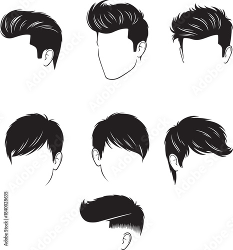 Stylized vector illustration showcasing a variety of popular male hairstyles and modern haircut designs for men.