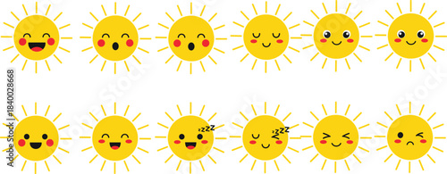 Set of cute vector sun emoji expressions featuring happy, laughing, surprised, winking, and sleeping faces, perfect for summer, weather, and warm design projects