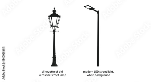 Contrasting silhouettes of a vintage kerosene lamp and a modern led street light