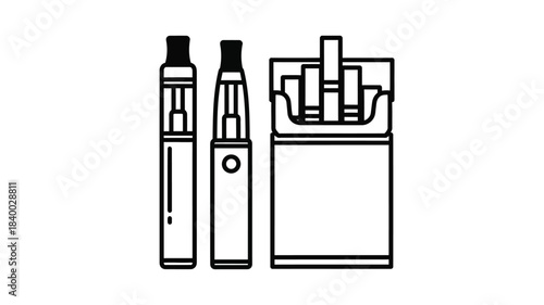 Outline of vaping devices a vape pen mod and a pack of cigarettes