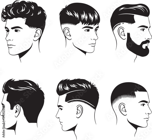 Modern men's haircuts and beard styles collection: a diverse set of fashionable male grooming outlines.