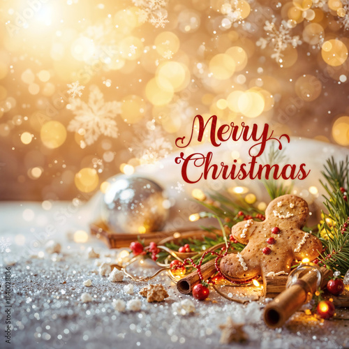 Cozy Gingerbread Man Christmas Flat Lay with Fairy Lights, Cinnamon Sticks, Holly Berries and Snowy Bokeh Background | Festive Holiday Baking Aesthetic Generative AI.