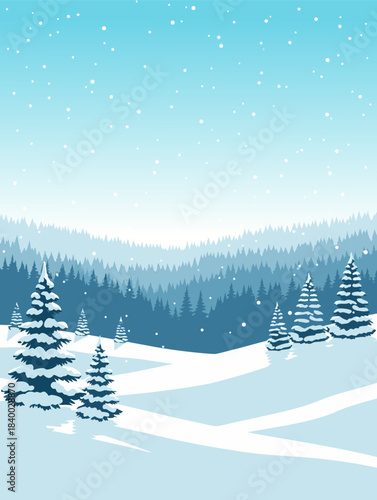 A serene winter landscape with snow-covered pine trees and rolling hills under a soft blue sky with falling snow.