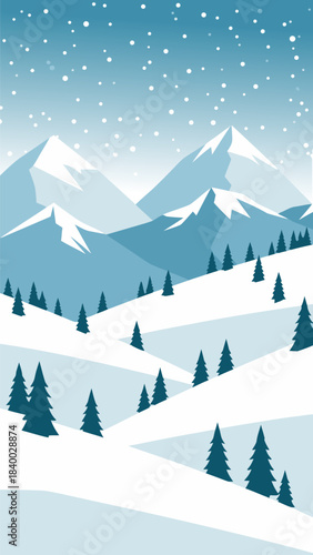 A serene winter landscape with snow-covered mountains and evergreen trees under a falling snow sky.