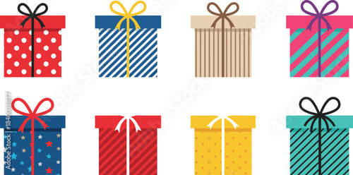 Vector collection of various festive Christmas gift boxes and presents featuring bows, stripes, polka dots, and star patterns for holiday design and promotion