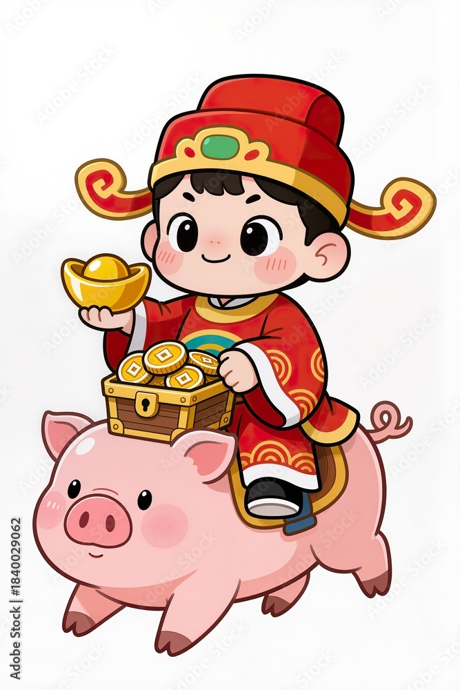 Fototapeta premium Adorable chibi God of Wealth riding a chubby chibi pig, carrying a treasure chest, red-and-gold festive outfit, shiny toy-like finish, clean white background.